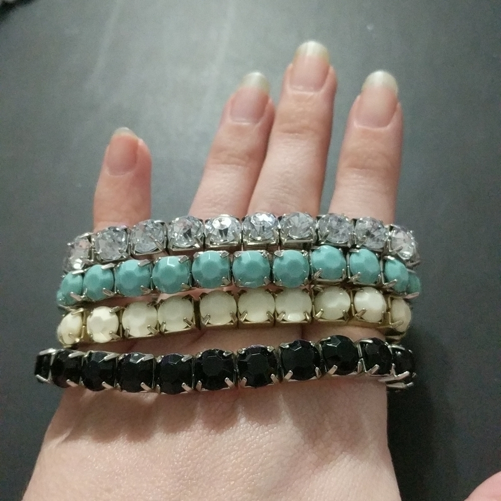 Turquoise, Black, White, and Clear Rhinestone Stretchy Metallic Bracelet Set of
